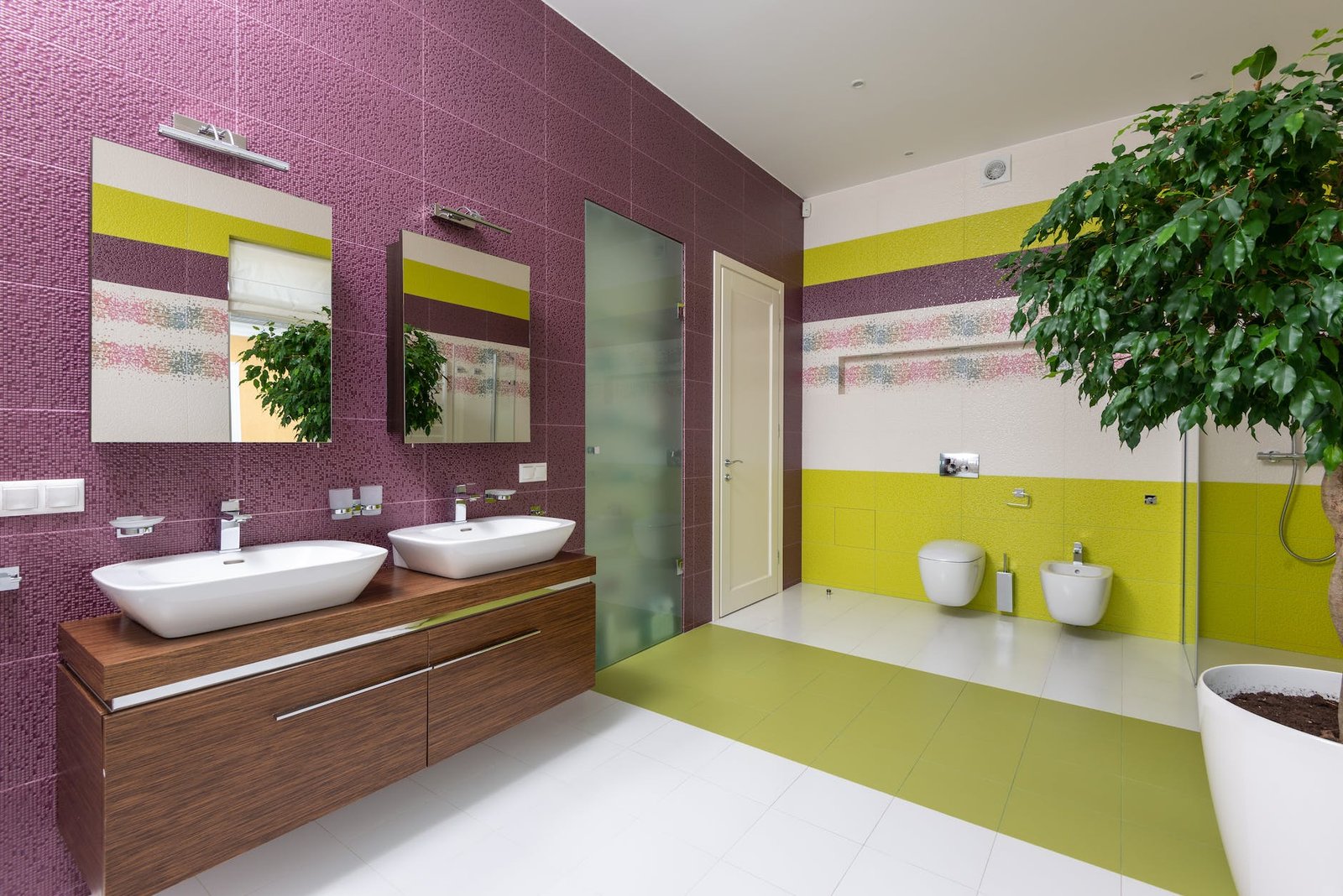 interior of stylish colourful bathroom with furniture dual agency